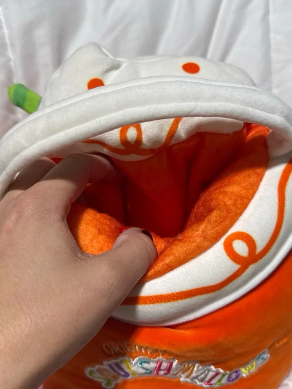 Squishmallows Orange Pumpkin Plush with White Swirl Top and Green Stem Bag